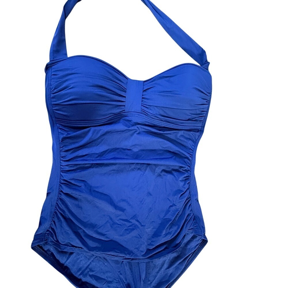Tommy Bahama Slimming Ruched Halter Bandeau One-Piece Swimsuit Size 12 Navy - Picture 4 of 10